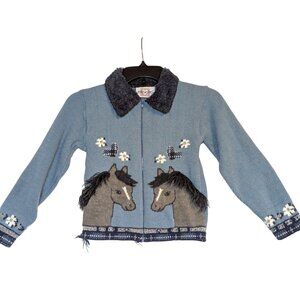 Kids Heartworks X-Large Blue Knit Horse Sweater W/ Fuzzy Collar & Zip Closure